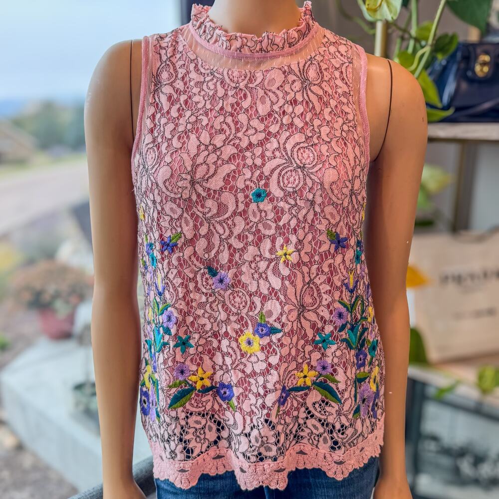 BluHeaven Pink Floral Embroidered Lace Sleeveless Top High Ruffled Neck, Small